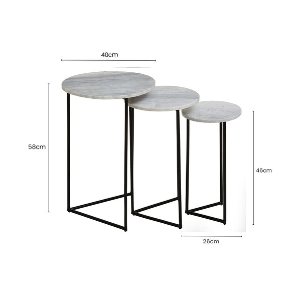 Mandoli White Marble and Black Finish Set of 3 Nesting Tables