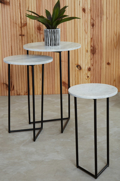 Mandoli White Marble and Black Finish Set of 3 Nesting Tables
