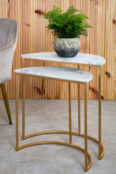 Mandoli Nest Of 2 White Marble Top Semicircular Side Tables