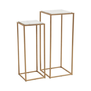 Mandoli White Marble and Gold Finish Set of 2 Square Nesting Tables