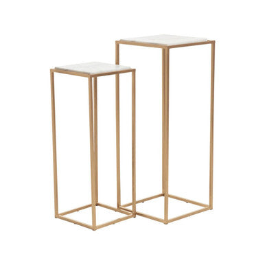 Mandoli White Marble and Gold Finish Set of 2 Square Nesting Tables