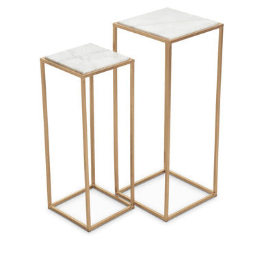 Mandoli White Marble and Gold Finish Set of 2 Square Nesting Tables