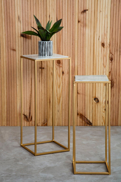 Mandoli White Marble and Gold Finish Set of 2 Square Nesting Tables
