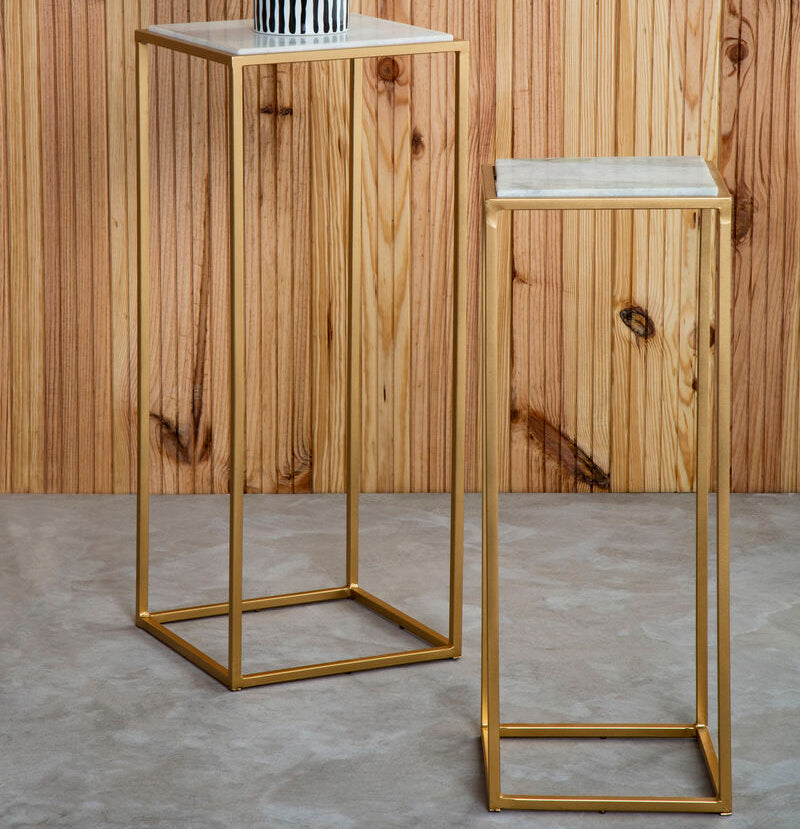 Mandoli White Marble and Gold Finish Set of 2 Square Nesting Tables