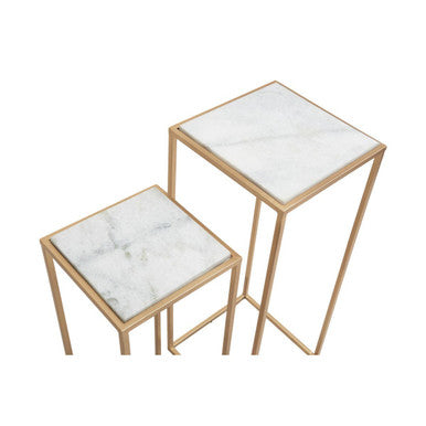 Mandoli White Marble and Gold Finish Set of 2 Square Nesting Tables