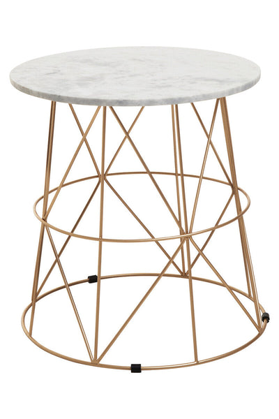 White Marble Top Round Side Table with Gold Cage Metal Frame | Mandoli