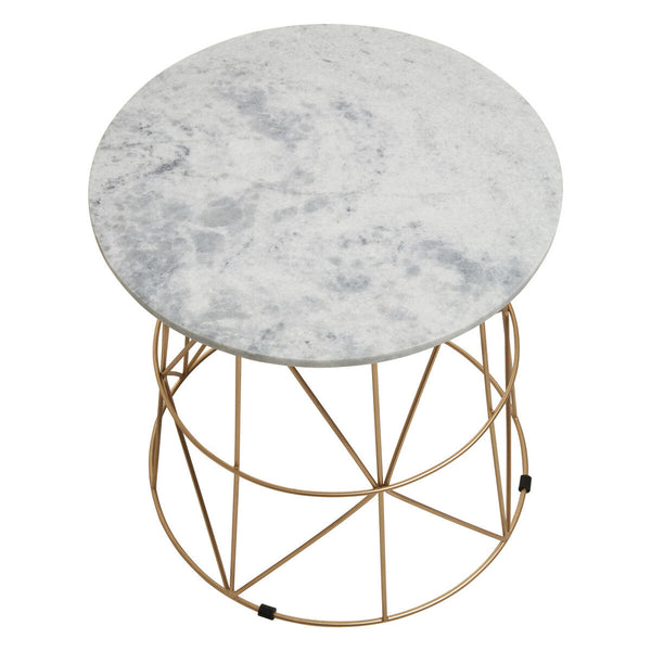 White Marble Top Round Side Table with Gold Cage Metal Frame | Mandoli