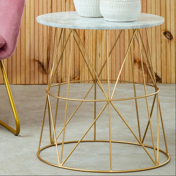 White Marble Top Round Side Table with Gold Cage Metal Frame | Mandoli