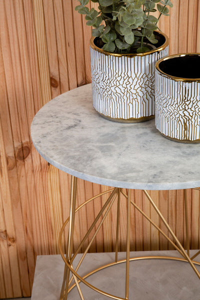 White Marble Top Round Side Table with Gold Cage Metal Frame | Mandoli