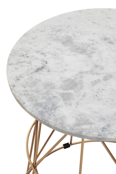 White Marble Top Round Side Table with Gold Cage Metal Frame | Mandoli