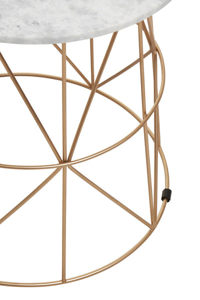 White Marble Top Round Side Table with Gold Cage Metal Frame | Mandoli