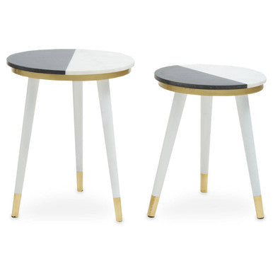 Set of 2 Black & White Marble Side Tables with White Legs and Gold Base Detailing | Nirav