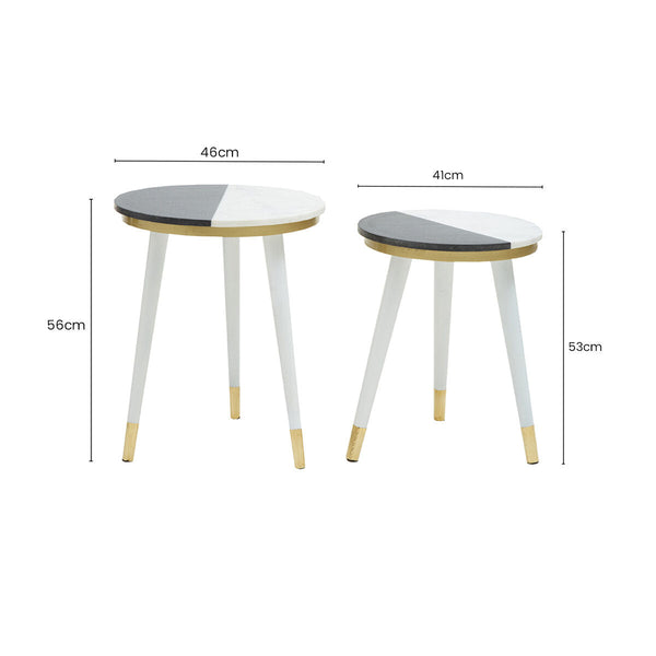 Set of 2 Black & White Marble Side Tables with White Legs and Gold Base Detailing | Nirav