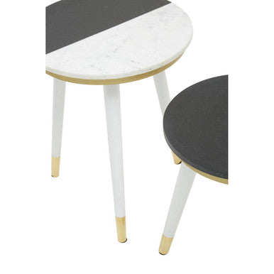Set of 2 Black & White Marble Side Tables with White Legs and Gold Base Detailing | Nirav