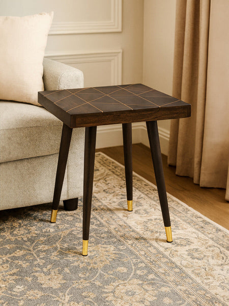 Dark Brown Mango Wood Square Side Table with Gold Tip Legs | Naro