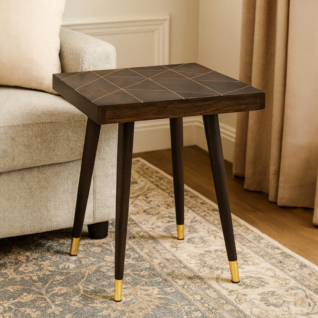 Dark Brown Mango Wood Square Side Table with Gold Tip Legs | Naro