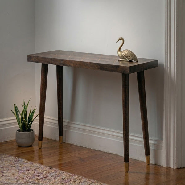 Naro Dark Finish Mango Wood Console Table with Gold Inlay