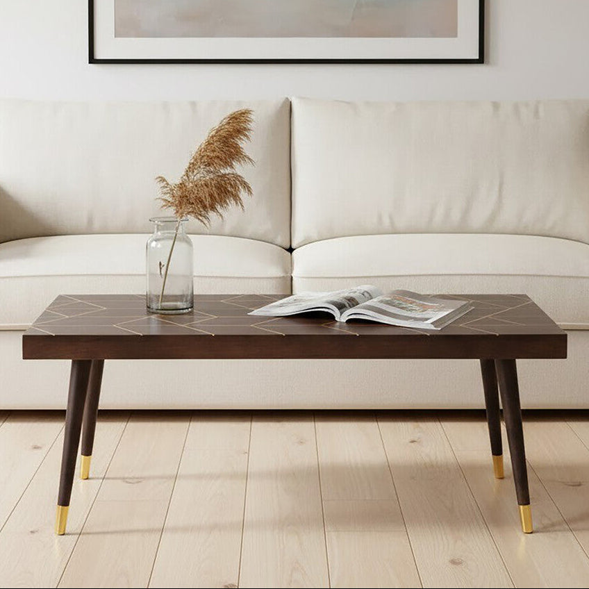 Brown Mango Wood Rectangular Coffee Table with Gold Tip Legs and Geometric Gold Lines on Top | Naro