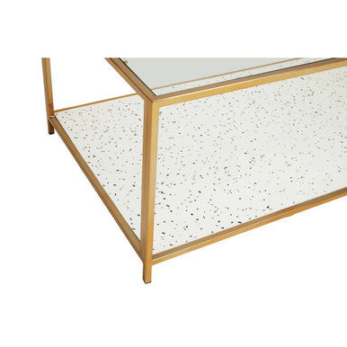 Glass Top Coffee Table with White Terrazzo Effect Shelf and Gold Metal Frame | Novi