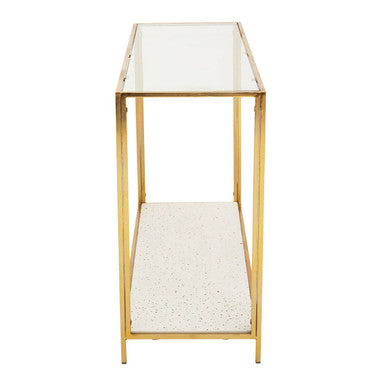 Glass Top Console Table with White Terrazzo Effect Shelf and Gold Metal Frame | Novi