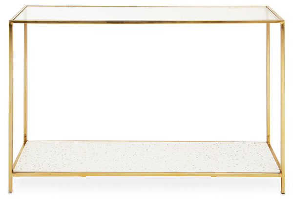Glass Top Console Table with White Terrazzo Effect Shelf and Gold Metal Frame | Novi