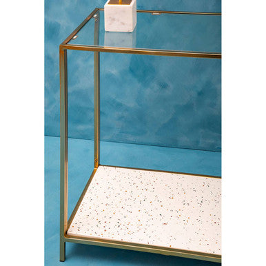 Glass Top Console Table with White Terrazzo Effect Shelf and Gold Metal Frame | Novi