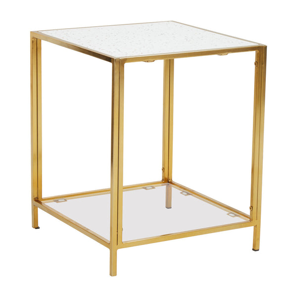 Glass Top Side Table with White Terrazzo Effect Shelf and Gold Metal Frame | Novi