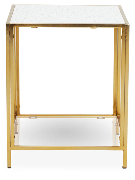 Glass Top Side Table with White Terrazzo Effect Shelf and Gold Metal Frame | Novi
