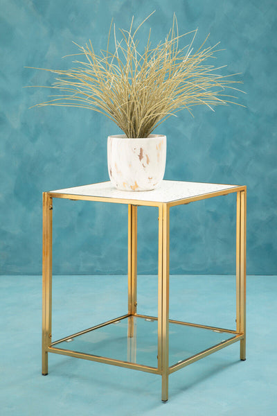 Glass Top Side Table with White Terrazzo Effect Shelf and Gold Metal Frame | Novi