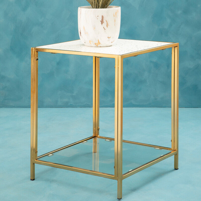 Glass Top Side Table with White Terrazzo Effect Shelf and Gold Metal Frame | Novi