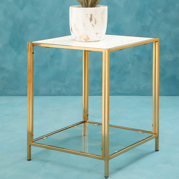 Glass Top Side Table with White Terrazzo Effect Shelf and Gold Metal Frame | Novi