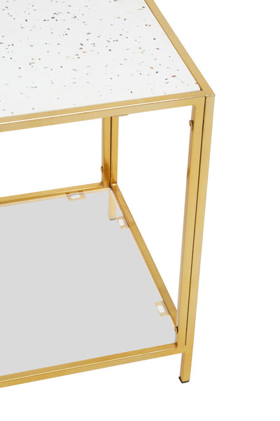 Glass Top Side Table with White Terrazzo Effect Shelf and Gold Metal Frame | Novi