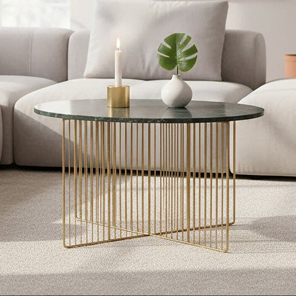 Green Round Marble Coffee Table with Gold Iron Rod Base | Nirav