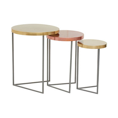 Set of 3 Nesting Side Tables with Warm Metallic Round Tops and Grey Metal Bases | Korba