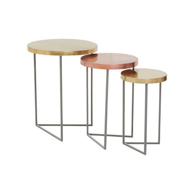 Set of 3 Nesting Side Tables with Warm Metallic Round Tops and Grey Metal Bases | Korba