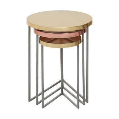Set of 3 Nesting Side Tables with Warm Metallic Round Tops and Grey Metal Bases | Korba