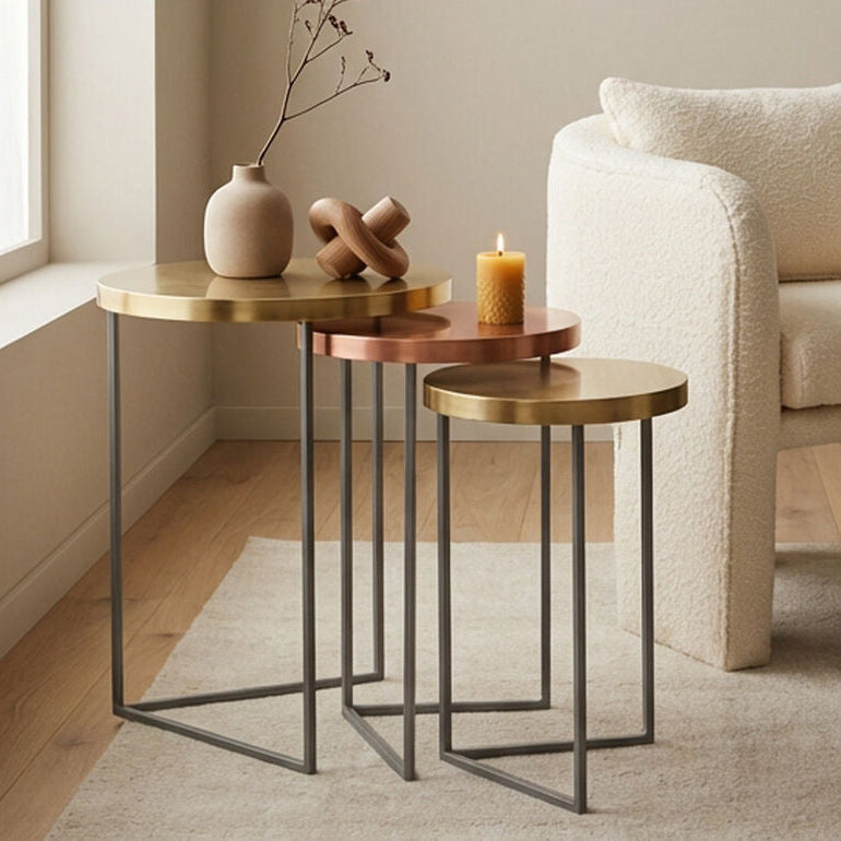 Set of 3 Nesting Side Tables with Warm Metallic Round Tops and Grey Metal Bases | Korba