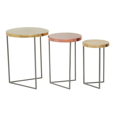 Set of 3 Nesting Side Tables with Warm Metallic Round Tops and Grey Metal Bases | Korba