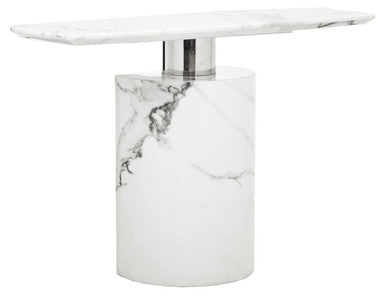 White Marble Console Table with Grey Veining and Stainless Steel Column Base | Sesto