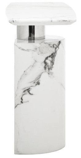 White Marble Console Table with Grey Veining and Stainless Steel Column Base | Sesto
