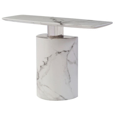 White Marble Console Table with Grey Veining and Stainless Steel Column Base | Sesto