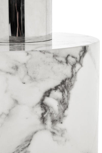 White Marble Console Table with Grey Veining and Stainless Steel Column Base | Sesto