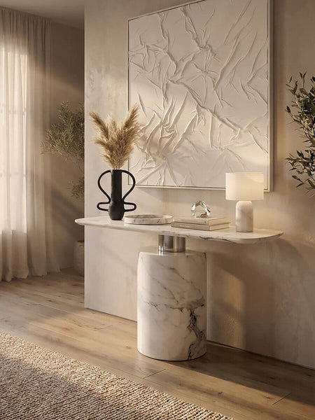 White Marble Console Table with Grey Veining and Stainless Steel Column Base | Sesto