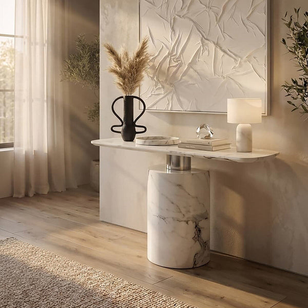 White Marble Console Table with Grey Veining and Stainless Steel Column Base | Sesto