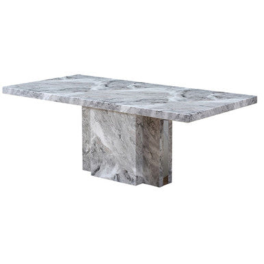 Grey Marble Top Dining Table with Pedestal Base and Stainless Steel Silver Trim | Saronno