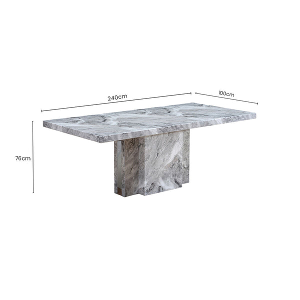 Grey Marble Top Dining Table with Pedestal Base and Stainless Steel Silver Trim | Saronno