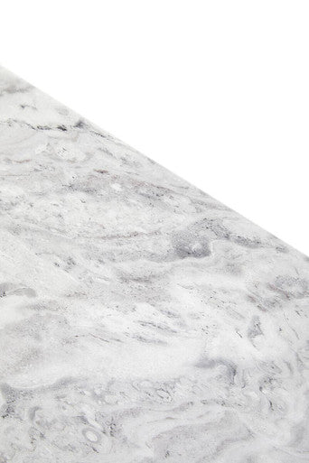 Grey Marble Top Dining Table with Pedestal Base and Stainless Steel Silver Trim | Saronno