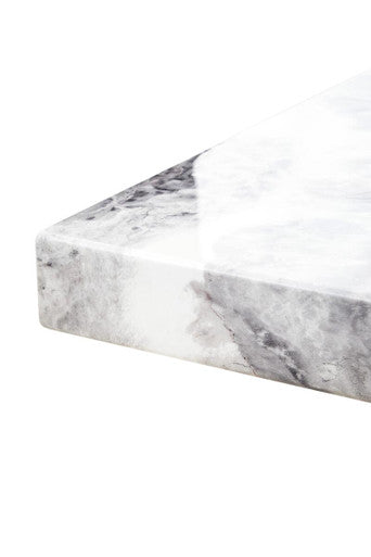 Grey Marble Top Dining Table with Pedestal Base and Stainless Steel Silver Trim | Saronno