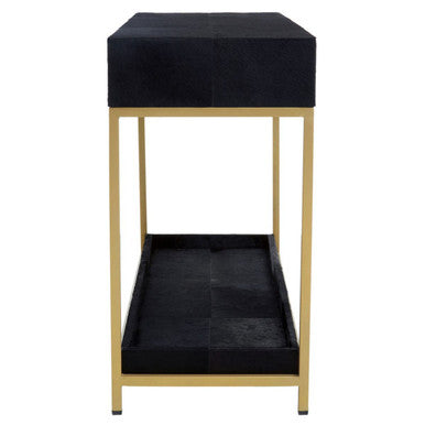 Black Hair-On-Leather 2-Drawer Console Table with Gold-Finished Metal Frame | Kensington Townhouse