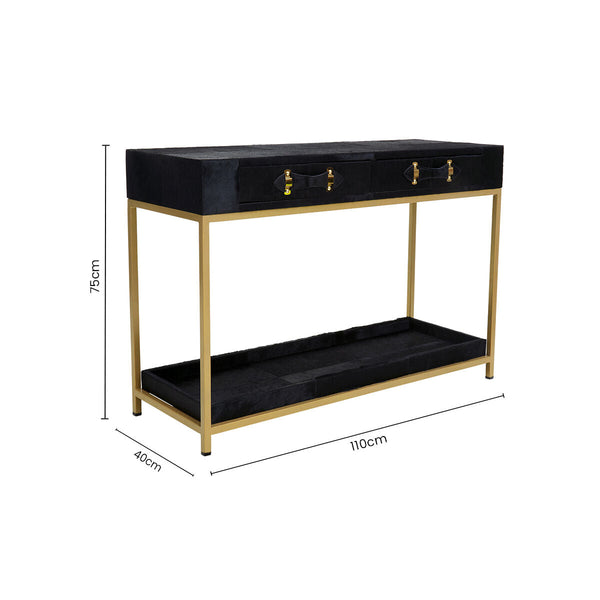 Black Hair-On-Leather 2-Drawer Console Table with Gold-Finished Metal Frame | Kensington Townhouse